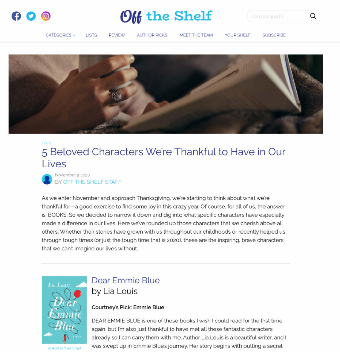 Off the Shelf Article: 5 Beloved Characters We're Thankful to Have in Our Lives by Off the Shelf Staff - the first book (Dear Emmie Blue by Lia Louis) and commentary with it are attributed to Courtney